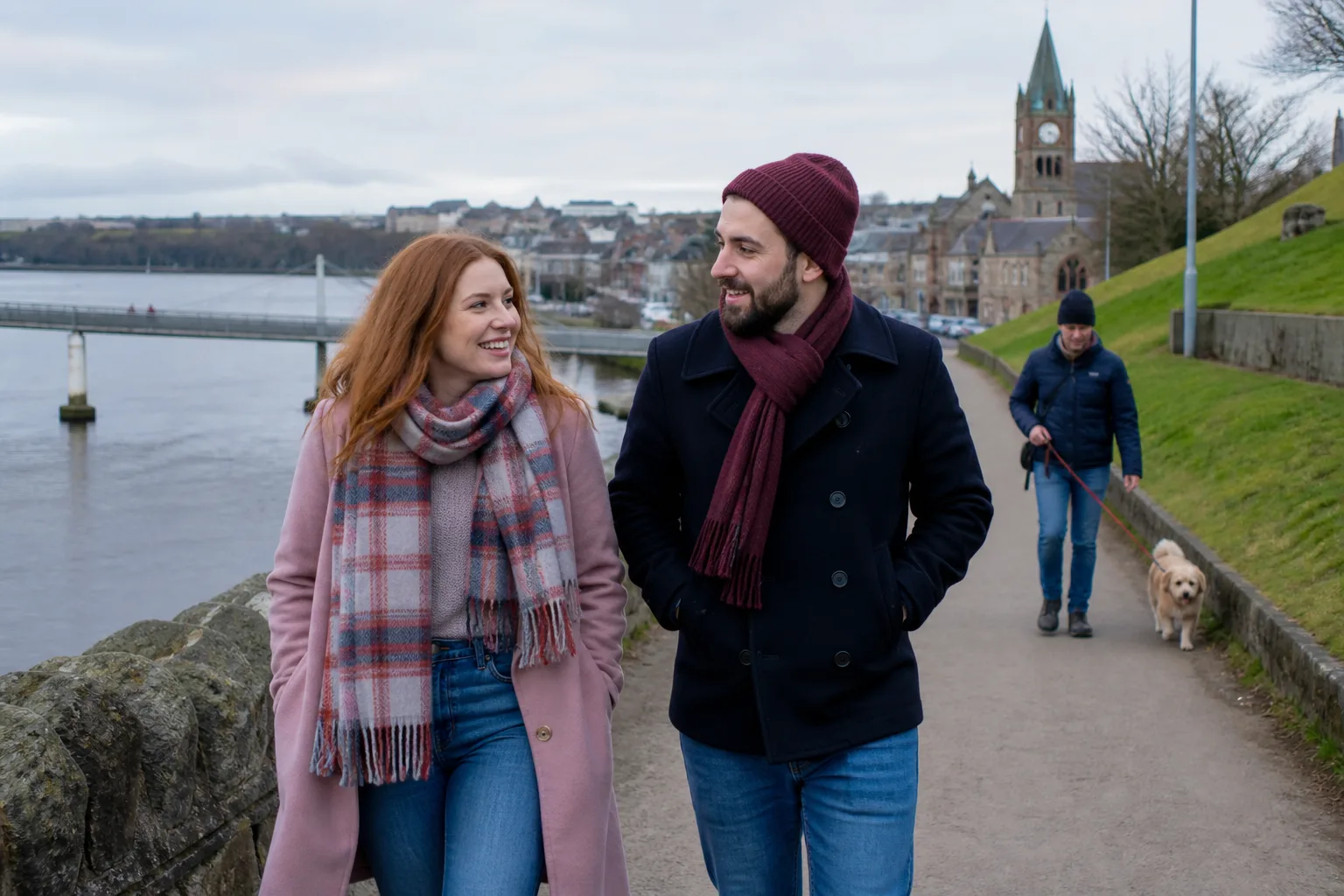 Two people talking beside the River Foyle in Derry