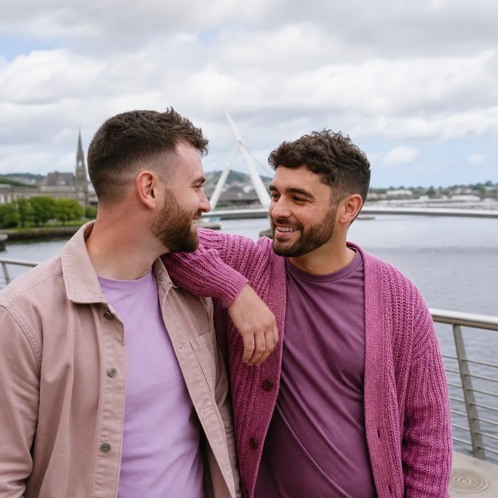 Men walking near the Peace Bridge in Derry city centre