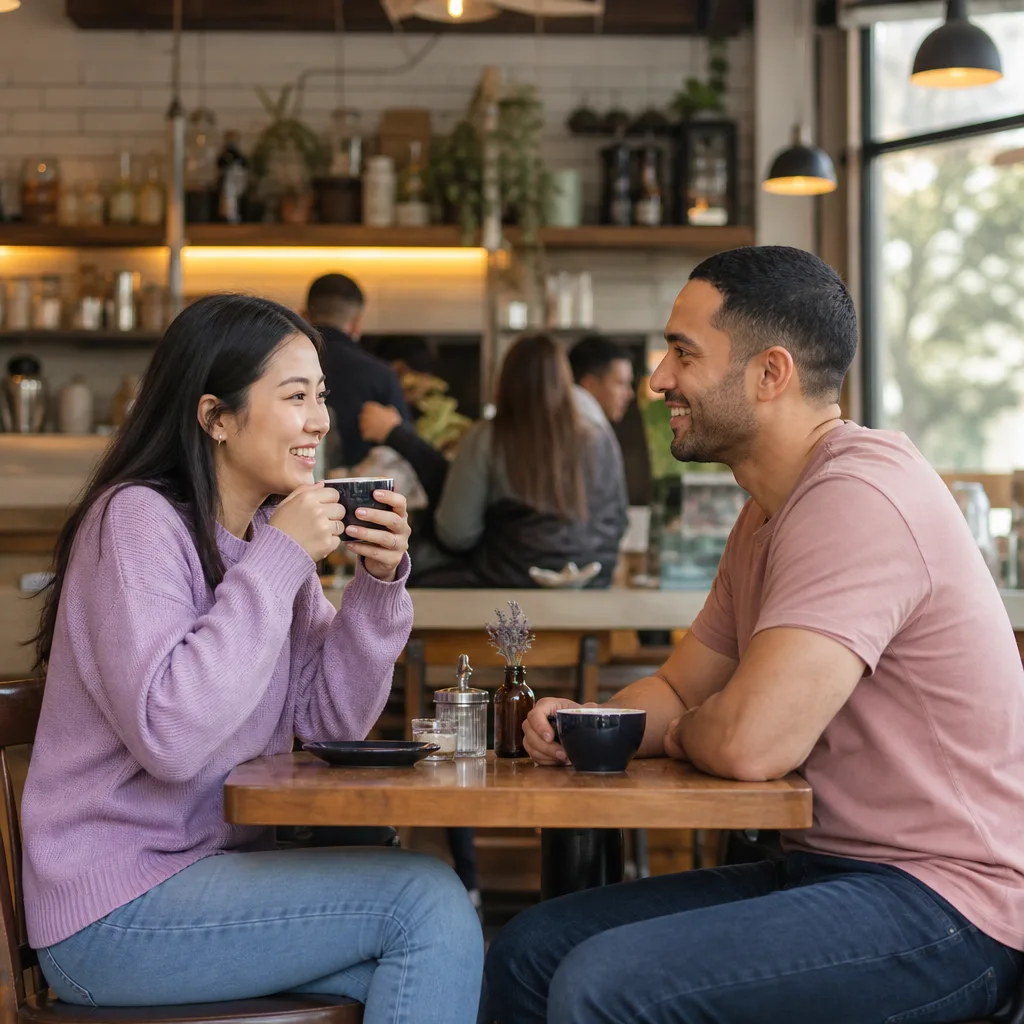 Two people chatting at a busy public café in County Londonderry