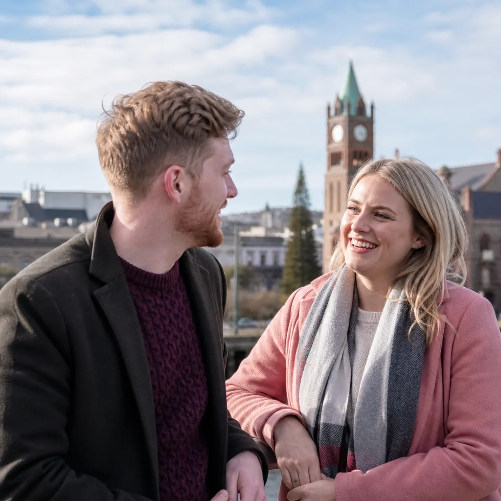 Two adults meeting at a busy café near the Guildhall in Derry